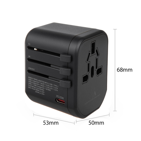 Maclean MCE238N Reiseadapter, 2xUSB 2,4A + USB-C PD 20W