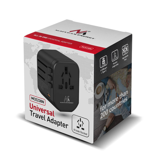 Maclean MCE238N Reiseadapter, 2xUSB 2,4A + USB-C PD 20W